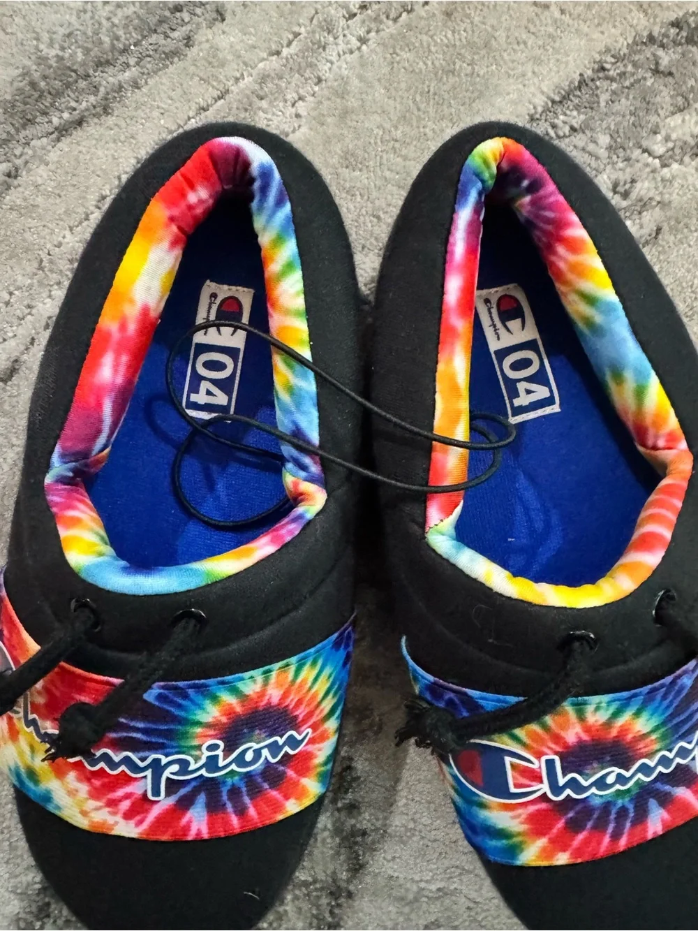 Champion Kids Black Slip-On Shoes with Rainbow Tie-Dye Accents